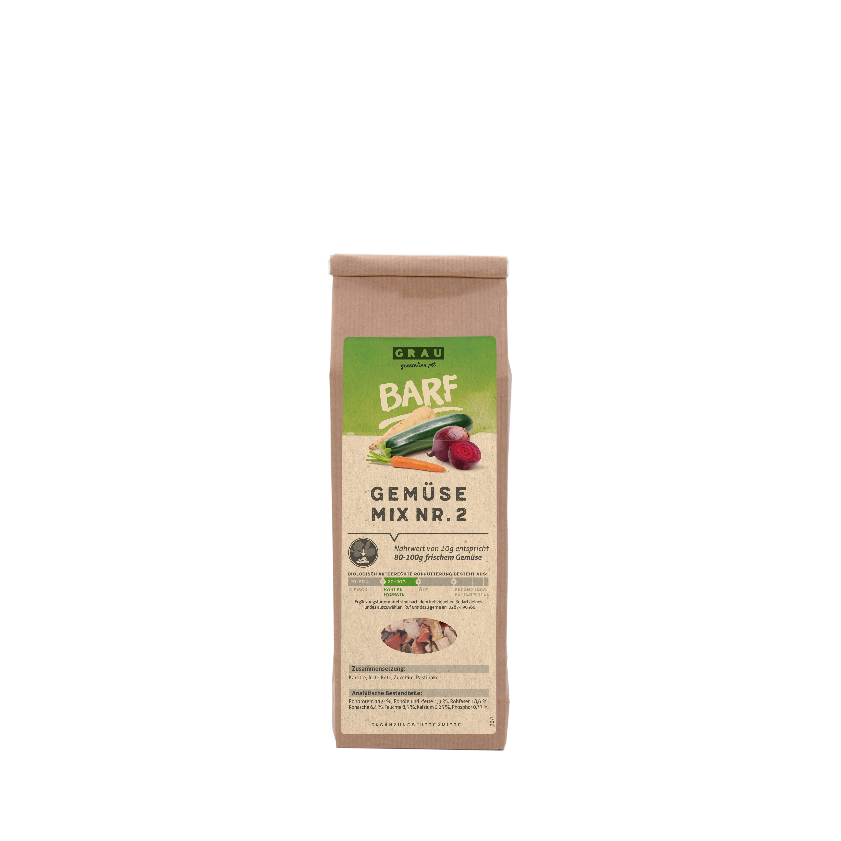 Grau - Gemüsemix Mischung Nr. 2 150g
(35% Karotte, 30% Pastinake, 23% rote Beete, 12% Zucchini)